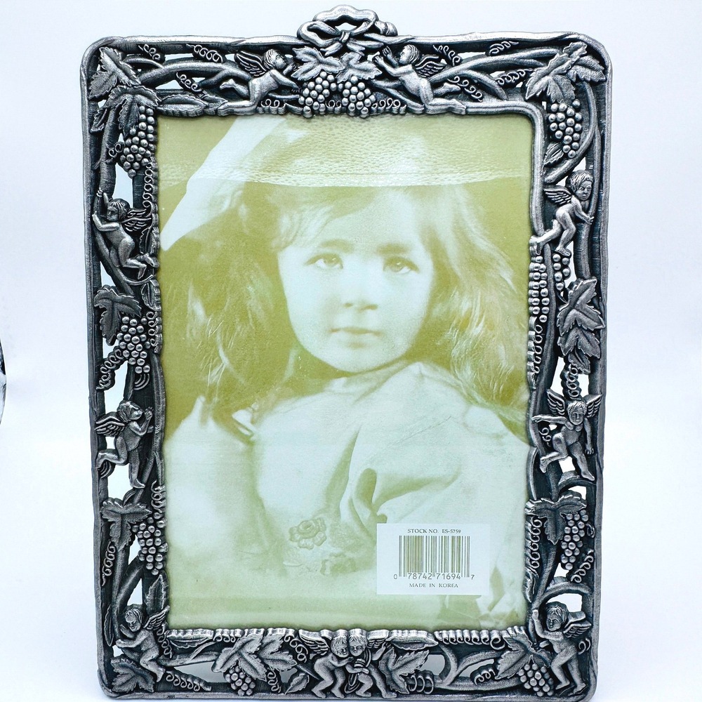 Vintage Cherub Angel Pewter Picture Frame 5x7 Faith Tabletop Ornate‎ Easel Back